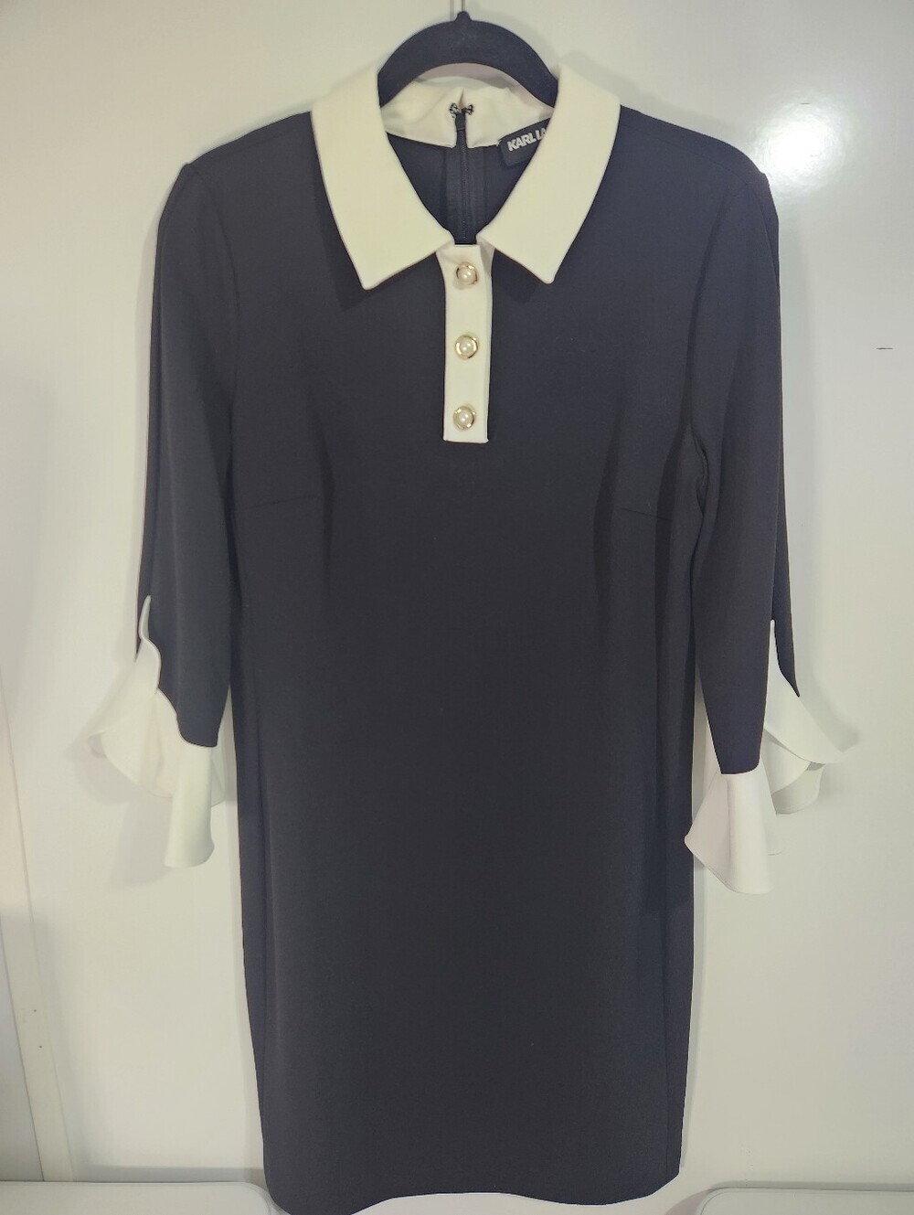Karl Lagerfeld Black Dress with White Collar and Cuff Detail, Size 10